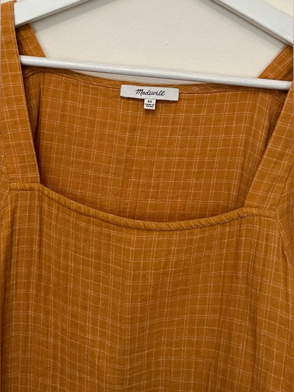Madewell • XS • Burnt Golden Orange Square-Neck Puff Sleeve Peplum Plaid Top